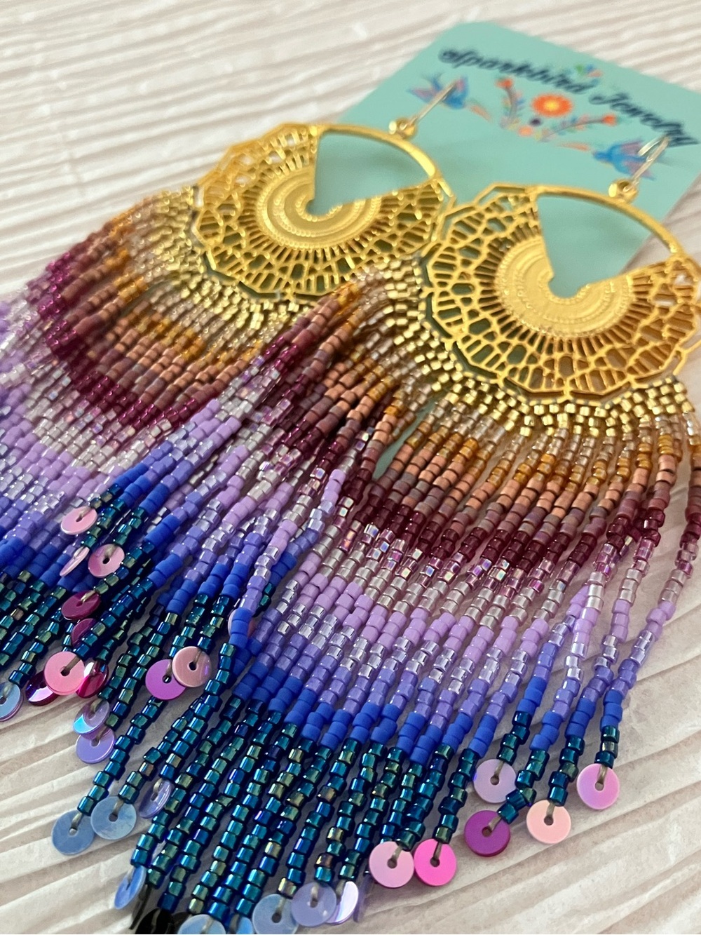 Gold and purple sequin beaded fringe earrings